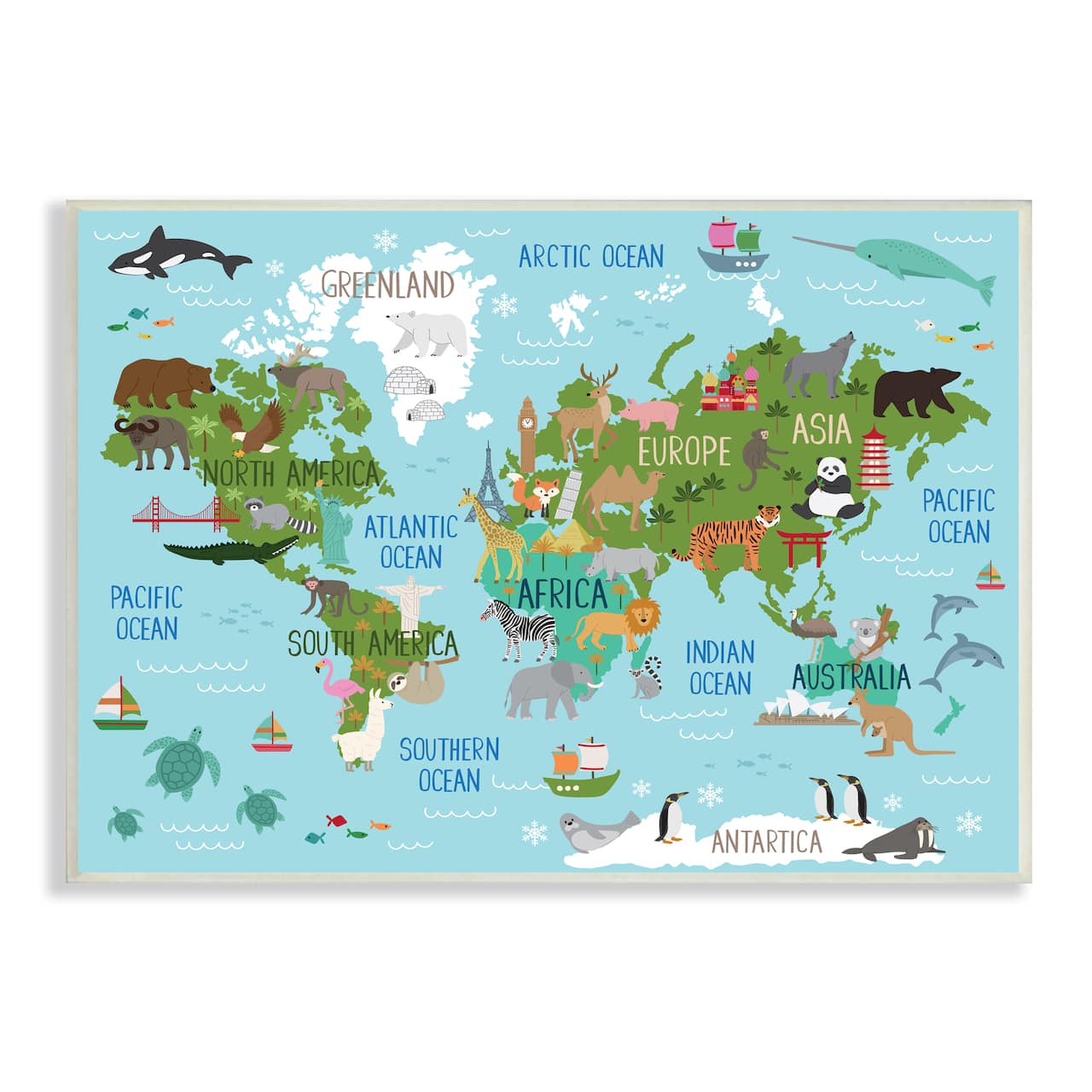 Stupell Industries Kid's Animal World Map Favorite Regional Wildlife Wall Plaque